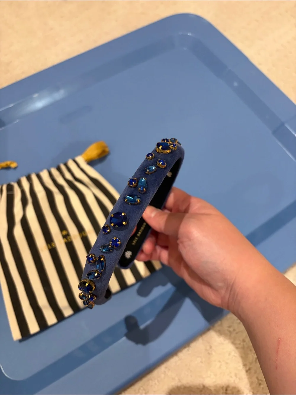 Lele Sadoughi Navy Blue Headband with Gold Stud Accents